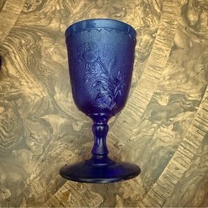 St Clair Glass Rose in Snow Footed Goblet, Hot Stamped & Label, HTF Cobalt Blue